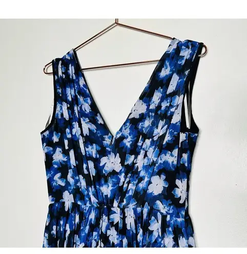 Monique Lhuillier ML Blue Black Melanie V-Neck Maxi Chiffon Dress size 6