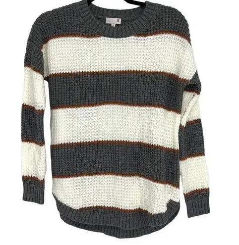 SO GRAY BROWN WHITE STRIPED CREW NECK SWEATER SMALL