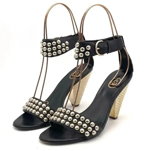 Ash Gold Studded Black Leather Ankle Cuff Heeled Strappy Sandals Size 38 | US 7
