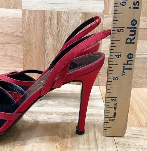 Vintage ESCADA Red Satin Embellished Pointy Toe Sling Back High Heels Pump 37 Size 6