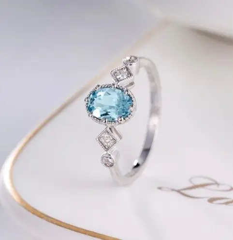 18K White Gold Plated Adjustable Blue Crystal Aquamarine Sapphire Ring for Women Silver