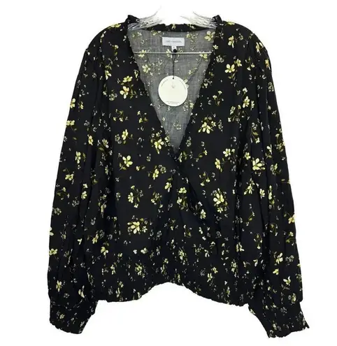 Lost + Wander Daisy Floral Long Sleeve Crop Top 2X Black Smocked Ruffle V-Neck