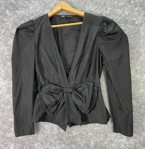 ZARA  NWT black bow front v neck peplum long sleeve blouse top with mesh lining - Image 1