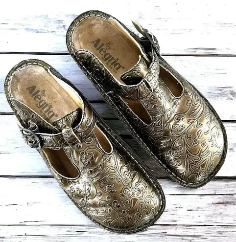 Alegria ALG-511 Lite Pewter Embossed Leather Clogs Comfort Backless 39 8.5/9
