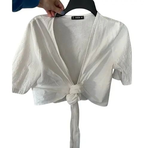 SHEIN White Tie Front Crop Top Short Sleeve Blouse