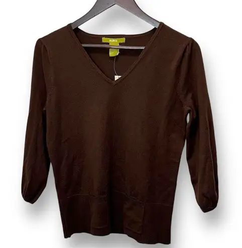 Acorn Womens Silk Blend Brown VNeck Sweater 3/4 Puff Sleeve Small Retro Academia