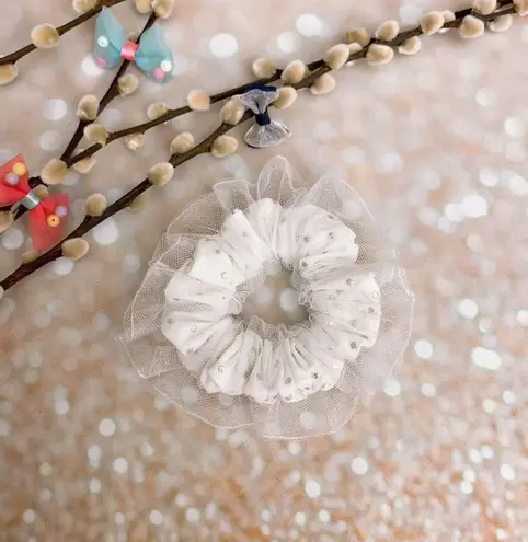White And Silver Metallic Squares Studs Double Layered Tutu Scrunchie