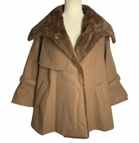 Secret Garden Korean Silk Wool Swing Coat M Brown Lined Faux Fur Snaps Pockets Size M