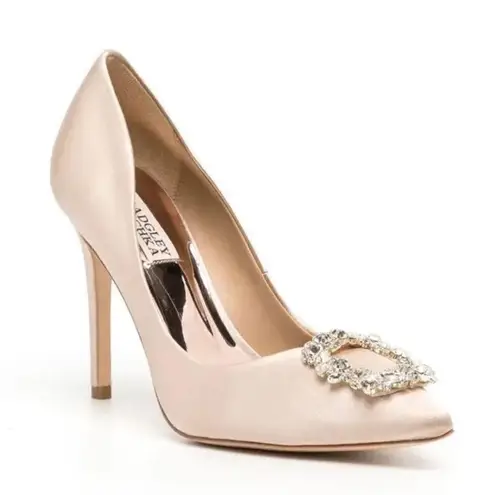 Badgley Mischka 110mm Crystal-Embellished Satin Buckle Pumps, Nude Size 8 NEW