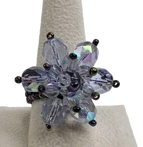 Light Purple Faceted & Iridescent Seed Bead Flower Handmade Ring