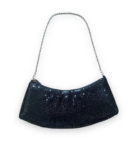 Vintage Cache Sequins Mini Bag Black Curved Baguette Evening Chain Drop Handle