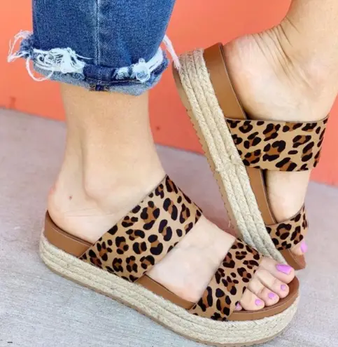 Leopard Vegan Suede Double Strap Espadrille Sandal Multi Size 6