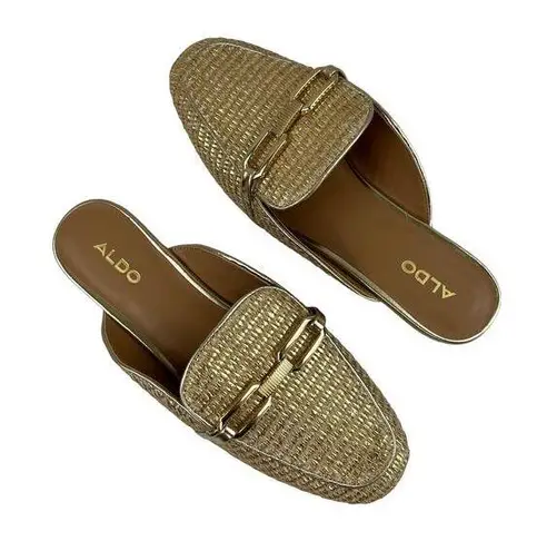 ALDO  Sylvie Natural Raffia Gold Basketweave Square Toe Slip On Mules Size 7.5