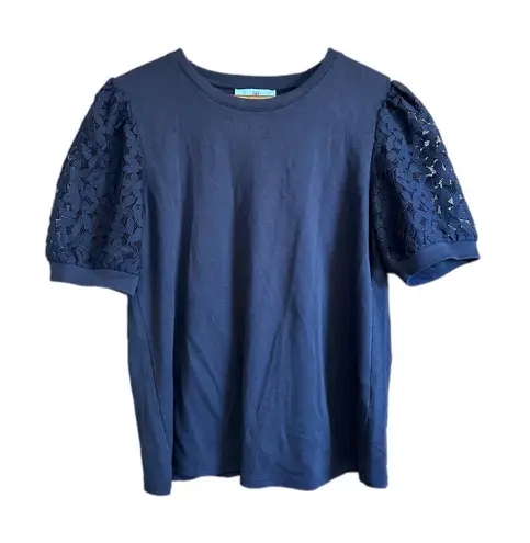 CeCe Navy Blue Lace Sleeve T Shirt Women Size Medium Puff Sleeve Casual Top