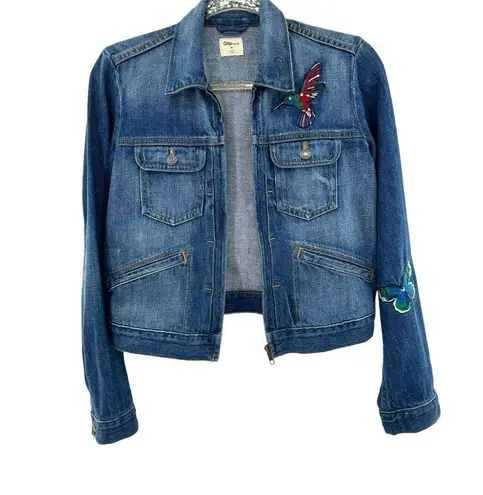 Gap  Embroidered Denim Jeans Jacket Zip Up Patches Boho Hippie Size XS