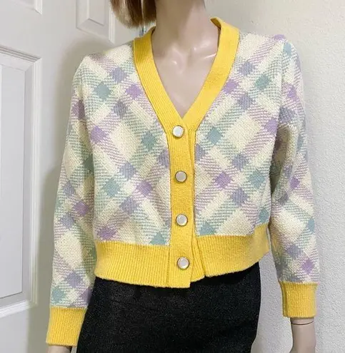 Checkered Plaid Yellow/Purple V Neck Knit Cropped Cardigan Sweater Yellow