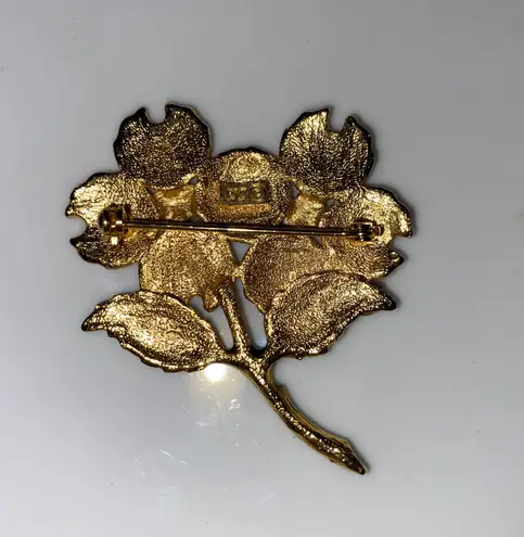 Kenneth Cole Goldtone Metal Dogwood Brooch Peach Green Gold Enamel Floral