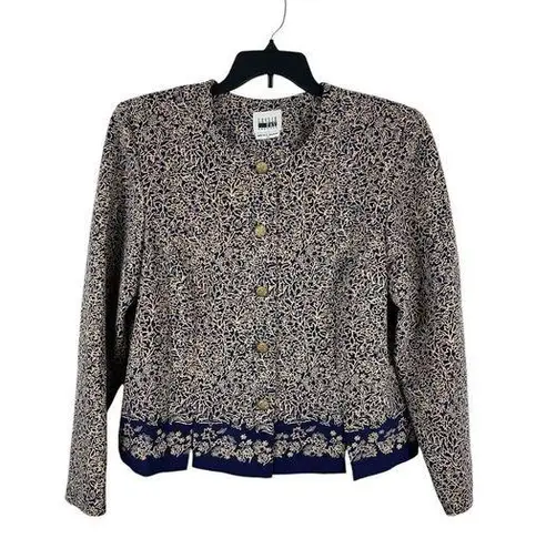 Leslie Fay Bold Blue Tan Floral Button Up Suede Feel Long Sleeve Dressy Top 18