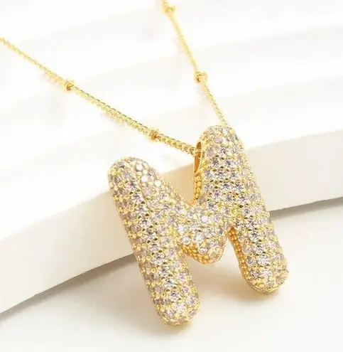 Letter M Initial Zircon Balloon Necklace Gold