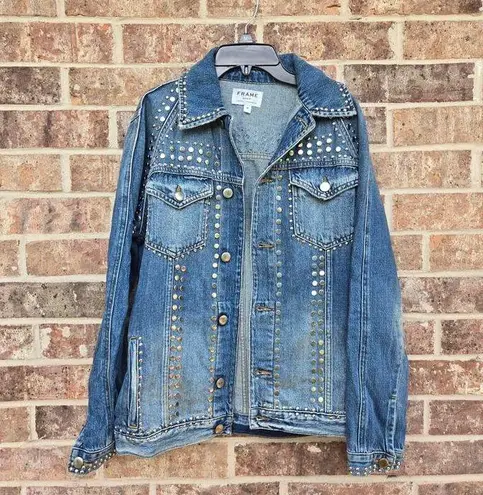 Frame  Le Denim Studded Jacket Light Fading Button Front Sz M Gelder Blue