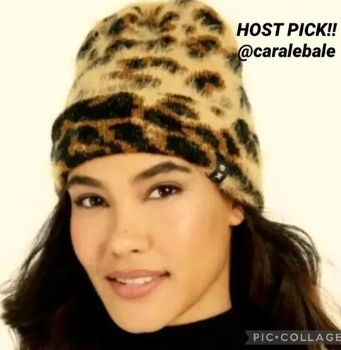 DKNY  Fuzzy Leopard Animal Print Beanie Brown Black