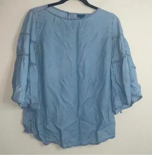 J. Jill Denim Blue Chambray Ruffle Sleeve Blouse 100% Tencel Lyocell