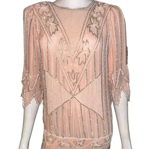 JUDITH ANN CREATIONS 1920s Style Silk Peach Beaded Flapper Dress Size M