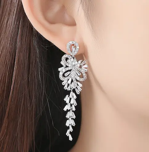 Bridal Earring Crystal With CZ Stone/ Fine Silver Plated
