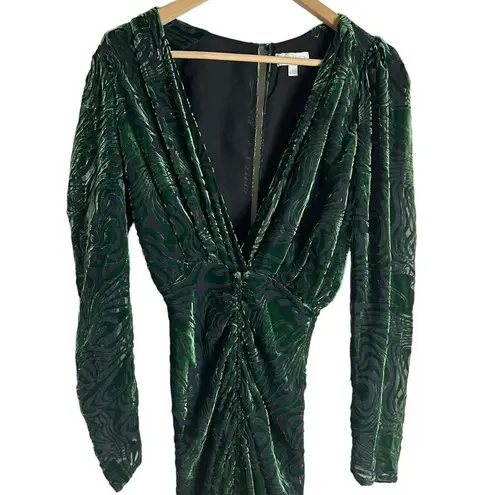 Ronny Kobo Astrid Green Animal Print Velvet Ruched Long Sleeve Midi Dress XS