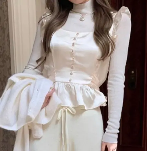 Japanese Kawaii Style Ivory Silky Ruffle Buttoned Pelpum Tank Top Blouse