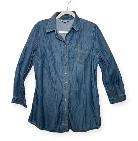 Coldwater Creek Blue Chambray Tunic Shirt Western Boho Classic Button Down PL