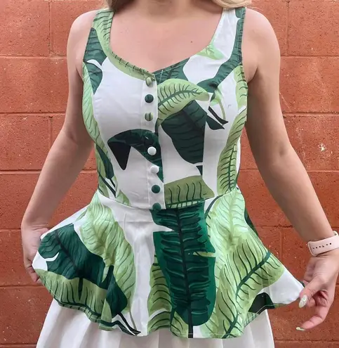Green Leaf Plant Pattern Peplum Tank Top