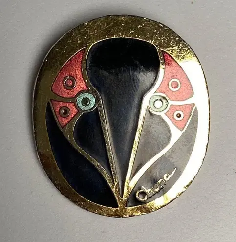 Vintage Signed Chuna Cloisonné Pin Gold