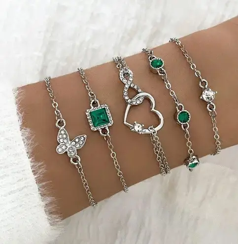NEW 5pcs Silver Bracelet Set – Green Rhinestone Heart, Butterfly & Infinity