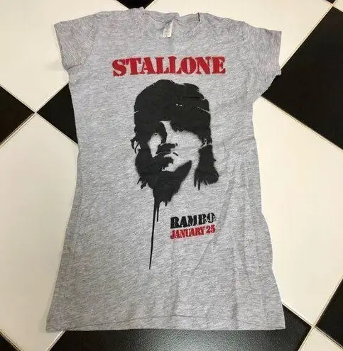 Next Level Apparel Stallone Rambo Graphic Logo Stretchy Grey Cap Sleeve Short Sleeve T-Shirt sz XS
