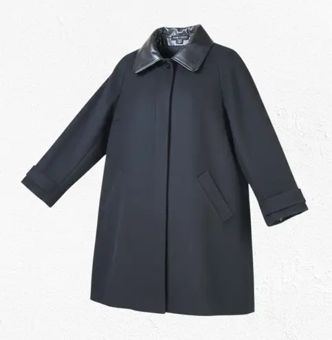 Vintage 80s Black Wool Coat Faux Leather Trim USA Made Boxy Cocoon Coat Size 12