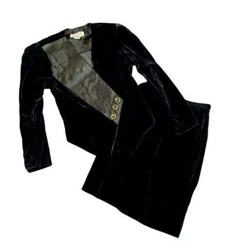 Petite Sophisticate 80s Vintage Black Velvet Skirt Suit with Gold Buttons and Silky Lapel Size 10