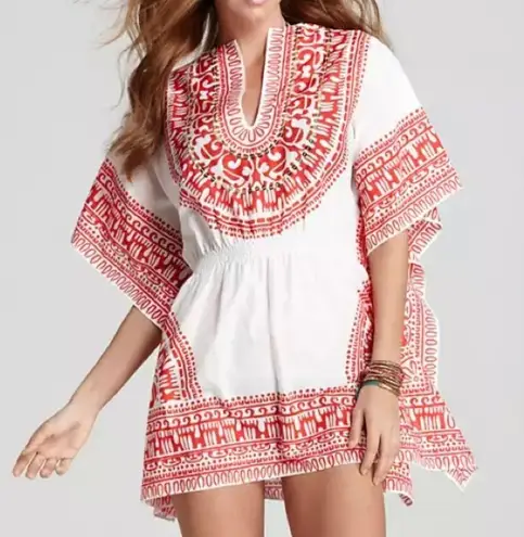 Trina Turk  Shangri-La Sequin Swim Cover-Up Size S? Red White Tribal V Neck Flowy