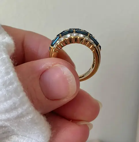 18KGE RSC Blue Glass Statement Ring Covenant Elegant Vintage Sparkly Glam Jewelry