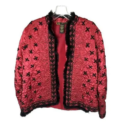 Mirasol Red and black Embroidered Stitched Jacket Faux fur trim Size M Size M