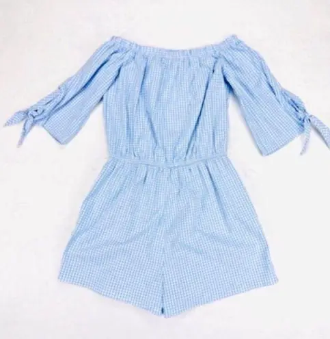 Love...Ady Romper M Gingham Off Shoulder Blue