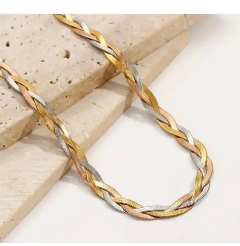 18K Gold Plated woven herringbone necklace stainless steel womens jewelry