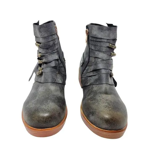 Retro Round Toe Ankle Combat Boots Faux Leather Side Zip Pull On Gray Size 41 Black