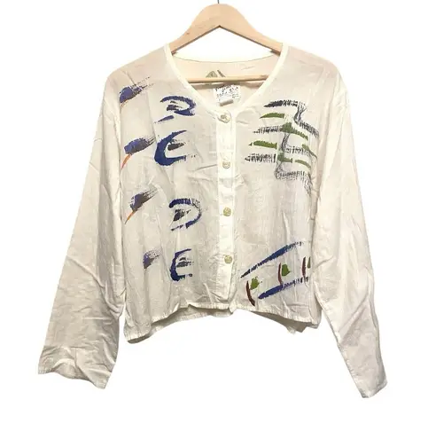 Sloop Jones Art To Wear Crop Button Shirt Women Size Medium White Hand Painted