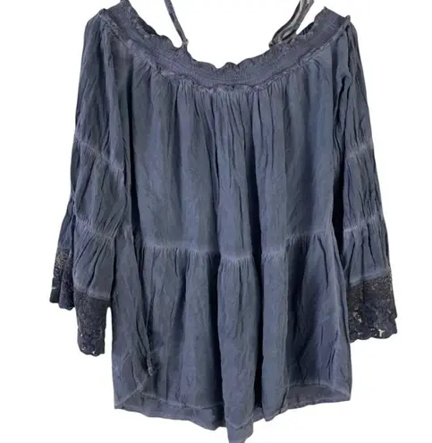 Andree Blue boho style cold shoulder lace sleeve relaxed fit blouse Size Large - Image 5