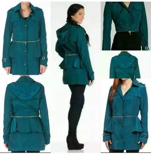 Betsey Johnson Teal Green 2-in-1 Convertible Zip Anorak Peplum Raincoat Hooded Jacket $200 EUC M