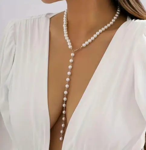 Faux Pearl Necklace‎ Artificial Imitation Pearl Beads Long Tassel Necklace Boho White