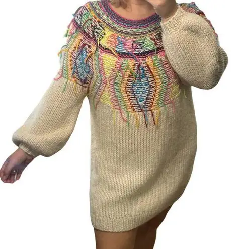 Mes Demoiselles Oversized Sweater Dress Alpaca Wool Jumper Colorful Fringe Art Pink Size L