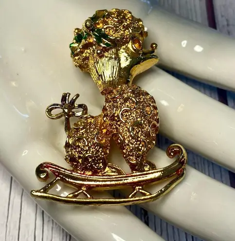 Corel Signed Vintage Christmas Poodle Brooch Gold