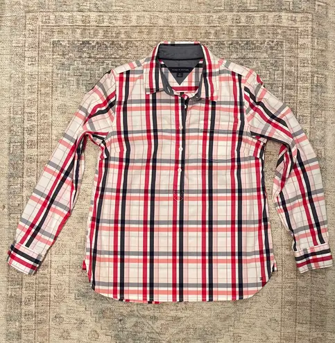 Tommy Hilfiger Vintage  Half Button Up Red\Navy\White Plaid Shirt - Image 1